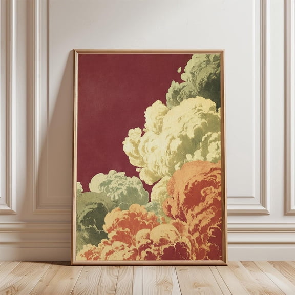 Yellow Green Orange Cloudscape Vintage Print Maroon Background Wall Art Unframed Paper Print