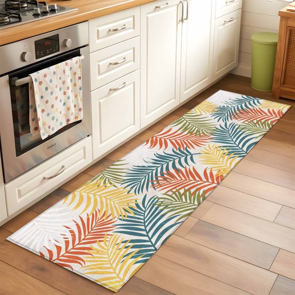 Yellow Green Palm Leaves Hallway Washable Runner Rug 2x6 Summer Botanical Vintage Tropical Leaf Rustic Low-Profile Area Rugs with Non Slip Backing Indoor Floor Carpet for Entrance Living Room Bedroom
