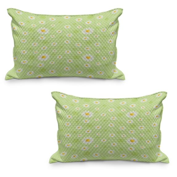 Yellow and Green Quilted Pillowcover Set of 2, Kind and Springtime Theme with Vivid Daisies, Standard Queen Size Pillow Cover for Bedroom, 30" x 20", Pistachio Green Marigold, by Ambesonne