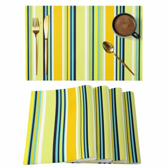 Yellow Green Stripe Placemats Set of 12, Modern Abstract Art Vertical Striped Placemats for Dining Table, Place Mats for Kitchen Tabletop, Waterproof Wipeable Dining Table Mats Set