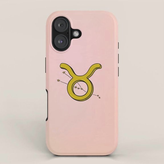 Yellow-Green Taurus Zodiac Symbol and Stars Tough iPhone Case, Dual-Layer Polycarbonate and TPU, Pale Pink