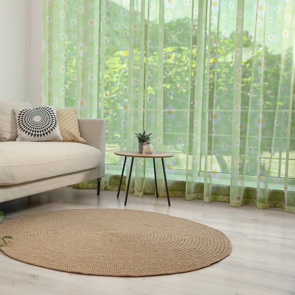 Yellow and Green Tulle Curtains with Rod Pocket, Kind and Springtime Theme with Vivid Daisies, Sheer Drape for Wedding Party 2 Panels, 7 Sizes, Pistachio Green Marigold, by Ambesonne