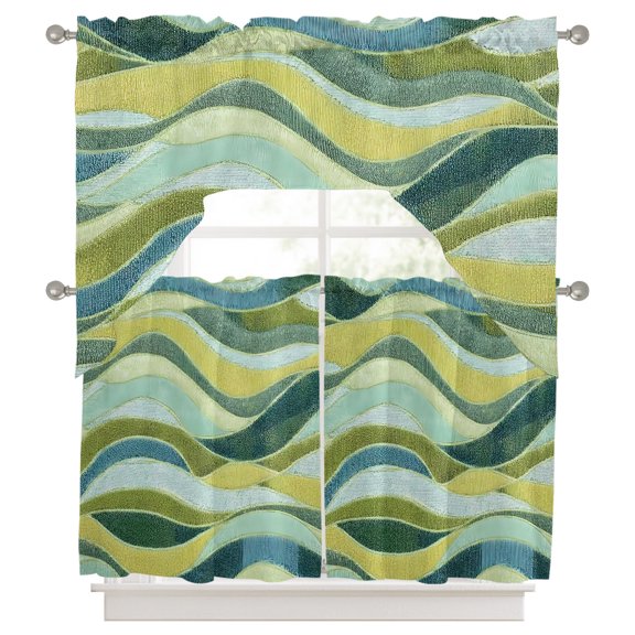 Yellow Green Waves Swag Valance and Tier Set of 3, Abstract Green Yellow Blue Waves Swag Curtains Valances for Small Window Treatment Rod Pocket for Kitchen Bathroom 56x36in+27.5x24*2