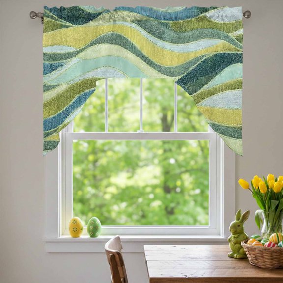 Yellow Green Waves Swag Valances for Kitchen Window, Abstract Green Yellow Blue Waves Small Swag Valances Rod Pocket Curtain Drapes Window Treatment for Bedroom Bathroom, 56x36 Inch
