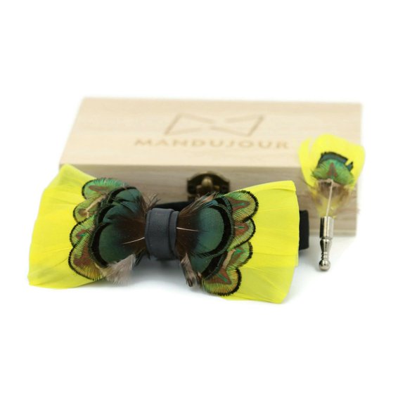 Unique Greenish-Yellow Pheasant Feather Bow Tie Set - Handmade Wedding Groom Accessory by Mandujour
