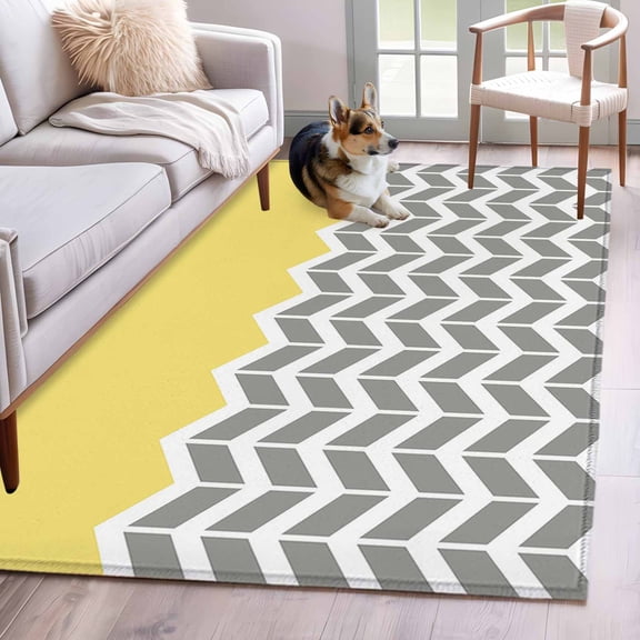 Yellow Grey 4x6 Area Rugs for Living Room, Herringbone Abstract Non Slip Floor Mat Washable Low-Profile Indoor Carpet for Bedroom, Dining Room, Bathroom