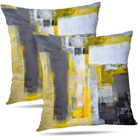 Yellow and Grey Abstract Art Artwork Pillow Cover, Gallery Modern Decorative Throw Pillows Cushion Cover for Bedroom Sofa Living Room 16 x 16 Inch Set of 2