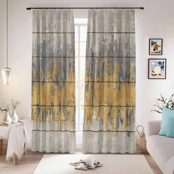 Yellow Grey Abstract Blackout Curtains for Bedroom/Living Room, Pinch Pleated Black Out Curtains, Gradient Geometric Graffiti Retro Wooden Room Darkening Window Drapes with Hooks 2 Panels, 39"x70"