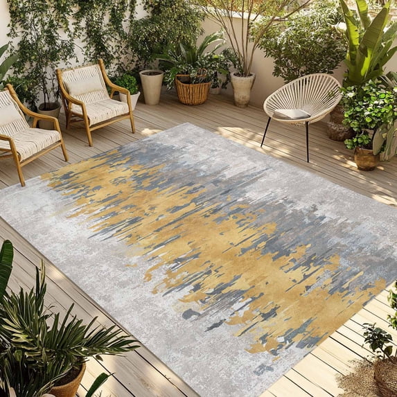 Yellow Grey Abstract Outdoor Rug for Patio/Deck/Porch, Non-Slip Large Area Rug 5 x 8 Ft, Gradient Geometric Graffiti Modern Art Indoor Outdoor Rugs Washable Area Rugs, Camping Rug Carpet Runner