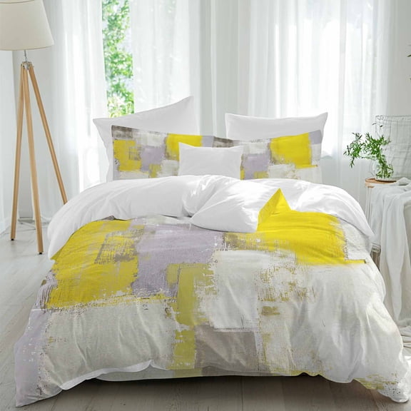 Yellow Grey Abstract Queen Size Comforter Set, Modern Graffiti Brush Art Bedding for All Seasons, 4 Pcs Bed Set, 1Quiltcover (90"x92") ,1Sheet(94"x116"), 2Pillowcases (30"x20")