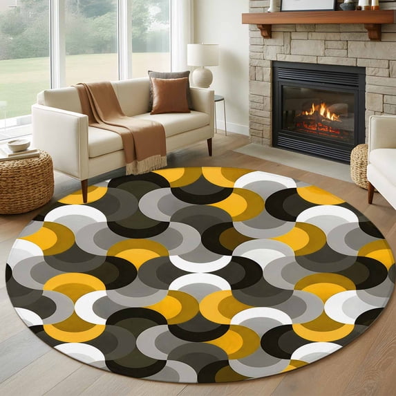 Yellow Grey Abstract Round Area Rug 6Ft Washable Circle Rugs for Bathroom Office, Modern Geometric Ombre Artwork Non-Slip Carpet Floor Mats Indoor Outdoor Carpet Runner Aesthetic Home Decor