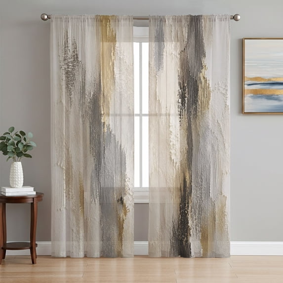 Yellow Grey Abstract Sheer Curtains 96 Inch Length 2 Panels Set, Gradient Vintage Oil Painting Modern Art Voile Window Treatment Semi Sheer Long Curtains for Bedroom/Living Room/Kitchen 52"x96"x2