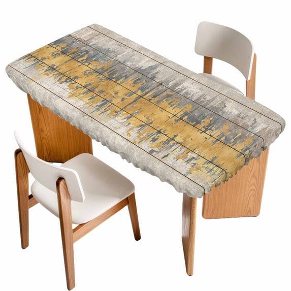 Yellow Grey Abstract Table Cloths for 4 Foot Rectangle Tables, Gradient Geometric Graffiti Retro Wooden Patio Waterproof Elastic Fitted Tablecloths, Washable Rectangular Table Cover for Camping
