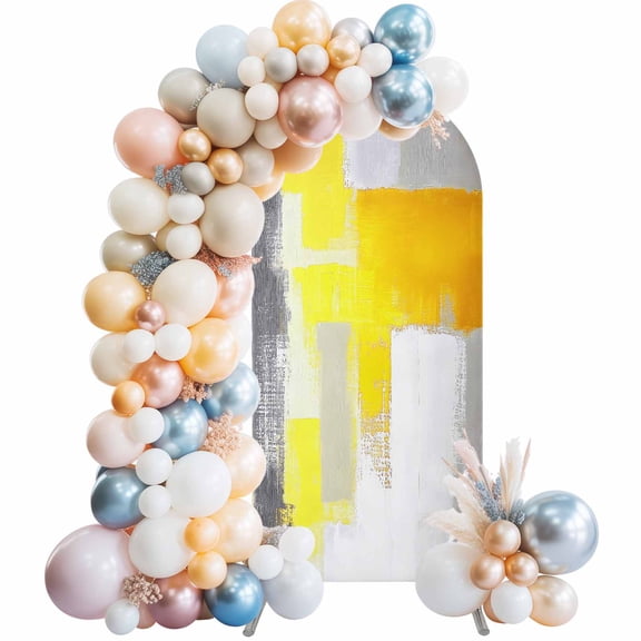 Yellow Grey Arch Backdrop Cover 7.2Ft, Wedding Arch Covers Stretchy Backdrop, Abstract Modern Oil Painted Geometric Fitted 2 Sided Arched Photo Background for Birthday Party Decorations