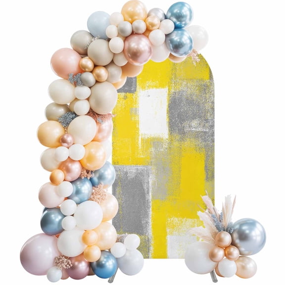 Yellow Grey Arch Backdrop Cover, Spandex Fitted Wedding Arch Cover, Rustic Mottled Oil Painting Abstract Texture Round Top Stand Covers for Birthday Ceremony Bridal Shower Party Decor 7.2x4 Ft