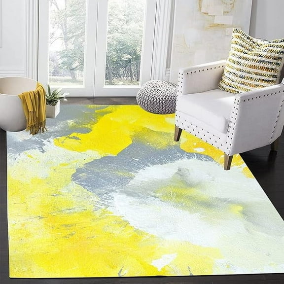 Yellow And Grey Art Area Rug, Modern Abstract Living Room Rugs, Non Slip Machine Washable Easy Care Carpet For Indoor Bedroom Study Apartment Home Decor 3 x 4ft