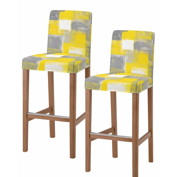 Yellow Grey Bar Stool Covers Set of 2, Rustic Mottled Oil Painting Abstract Texture Stretch Washable Bar Chair Covers with Backs, Removable Pub Counter Height Chair Cover for Kitchen Dining Room Cafe