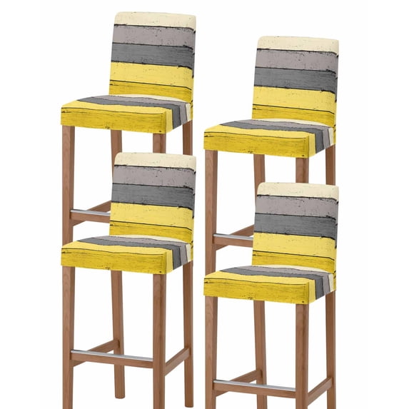 Yellow Grey Bar Stool Covers Set of 4, Vintage Stripe Farmhouse Wood Grain Ombre Stretch Washable Bar Chair Covers with Backs, Removable Pub Counter Height Chair Cover for Kitchen Dining Room Cafe