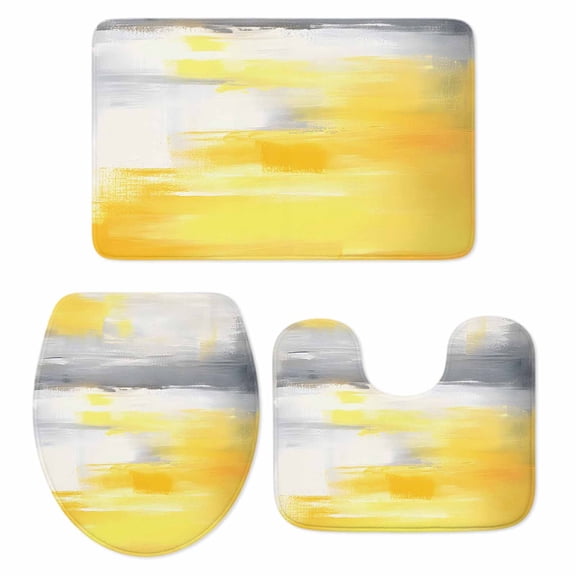 Yellow Grey Bath Mat 3 Piece Bathroom Rug Set, Abstract Modern Oil Painted Art Non Slip Bath Rug Contour Mat and Toilet Lid Cover, Absorbent Shower Mats Soft Bath Rugs and Mats Sets
