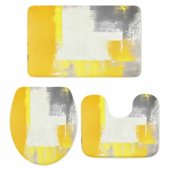 Yellow Grey Bath Mat 3 Piece Bathroom Rug Set, Abstract Oil Painted Geometric Modern Non Slip Bath Rug Contour Mat and Toilet Lid Cover, Absorbent Shower Mats Soft Bath Rugs and Mats Sets