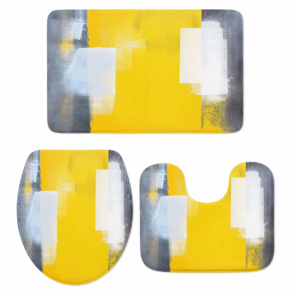 Yellow Grey Bath Mat 3 Piece Bathroom Rug Set, Oil Painted Modern Abstract Vintage Non Slip Bath Rug Contour Mat and Toilet Lid Cover, Absorbent Shower Mats Soft Bath Rugs and Mats Sets