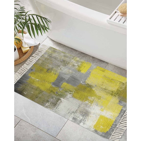 Yellow Grey Bath Rug 2x3ft Woven Bathroom Entryway Runner Rug,Modern Oil Painted Abstract Art Aesthetics Washable Living Room Hallway Bedroom Kitchen Carpet with Tassels,Indoor Outdoor Throw Doormat