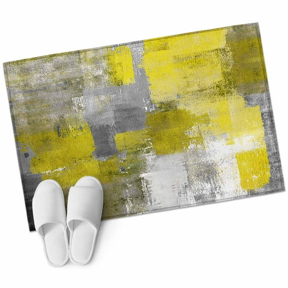 Yellow Grey Bathroom Mat 2x3 FT, Non Slip Small Kitchen Mat, Modern Oil Painted Abstract Art Aesthetics Washable Soft Backed Front Door Throw Rug Indoor Outdoor Doormat for Entryway Sink