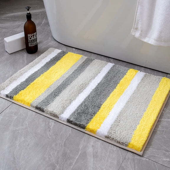 Yellow Grey Bathroom Rug 16x24 Inch, Small Soft Thick Microfiber Striped Bath Mat, Non Slip Fluffy Plush Machine Washable Quick Dry for Bathroom Decor, Floor Tub and Shower