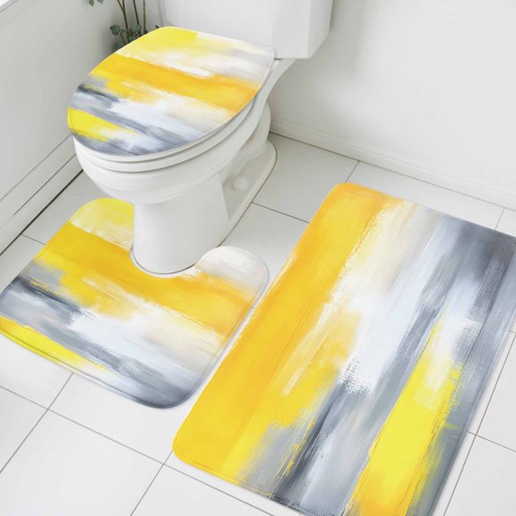 Yellow Grey Bathroom Rugs Set Abstract Modern Art Mottled Oil Painted Texture Non Slip Absorbent Soft Bath Mats 3 Piece Set with Bathroom Rug, U-Shaped Floor Mat, Toilet Seat Cover Small Size