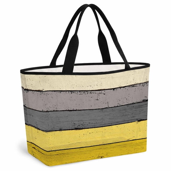 Yellow Grey Beach Bag for Women, Large Breathable Mesh Beach Tote Bag, Vintage Stripe Farmhouse Wood Grain Ombre Sandproof Lightweight Travel Bags for Vacation Picnic Swimming Pool 15.7"x15.7"x9.1"