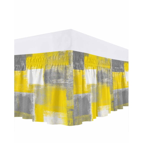 Yellow Grey Bed Skirt King Size, Rustic Mottled Oil Painting Abstract Texture Wrap Around Bed Skirting with Adjustable Elastic Strap, Dust Ruffled Pleated Bedskirts 18 Inch Drop for Bedroom King Beds
