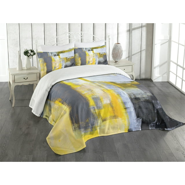 Yellow and Grey Bedspread, Abstract Art Painting Design Modern