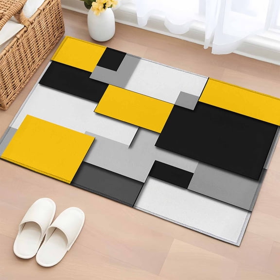 Yellow Grey Black Geometric Bathroom Rug Washable 2x3 Entryway Rug Non Slip Modern Abstract Art Front Door Mat Low Pile Indoor Doormat Throw Floor Carpet for Kitchen Bedroom Entrance
