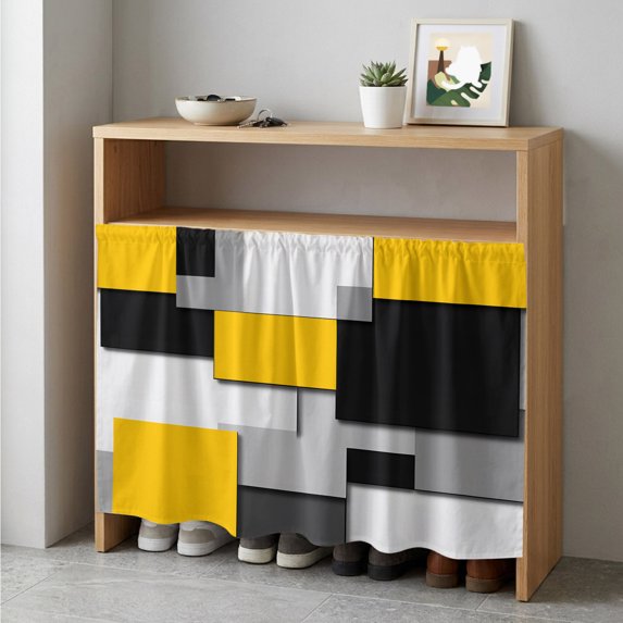 Yellow Grey Black Geometric Cabinet Curtain 35"Wx35"L, Dustproof Under Sink Skirt with Self Adhesive Tape, Modern Abstract Art Cabinet Curtain Cover for Kitchen Sink, Bathroom Vanity, Laundry Room