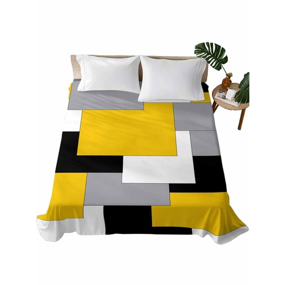 Yellow Grey Black Geometric Flat Sheets Only King Size, Soft Breathable Bed Top Sheets for Mattress, Middle Century Art Abstract Aesthetics Bedding Flat Sheets for Home Hotel Bedroom Bed Protection