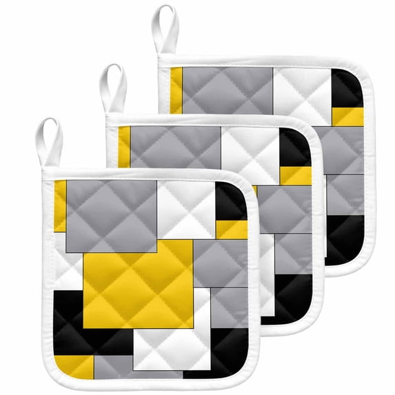 Yellow Grey Black Geometric Pot Holders for Kitchen Heatproof Potholder, 3 Pack Middle Century Art Abstract Aesthetics Hot Pads Multipurpose Oven Pads Cloth Potholders Trivet for Cooking Baking
