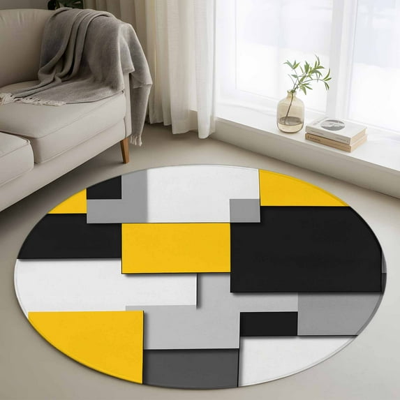 Yellow Grey Black Geometric Round Area Rug 4 FT, Non Slip Indoor Outdoor Rug, Modern Abstract Art Washable Soft Circular Carpet Non-Shedding Floor Mat for Coffee Table Nursery Foyer Balcony