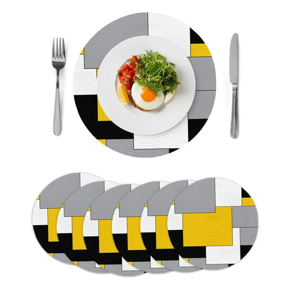 Yellow Grey Black Geometric Round Placemats Set of 6, Braided Polypropylene Place Mats, Middle Century Art Abstract Aesthetics Table Mats for Kitchen Dinner Holiday Party Coffee Table Decor 13"
