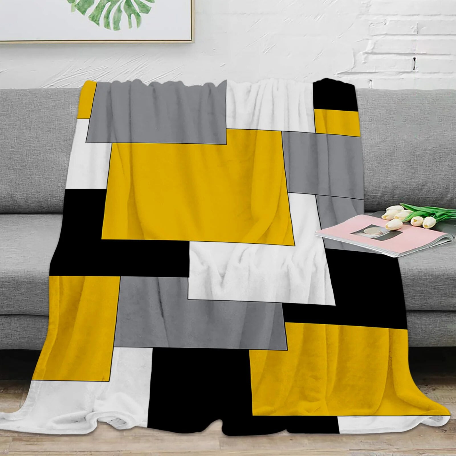 Yellow Grey Black Patchwork Abstract Art Medieval Style Throw Blanket