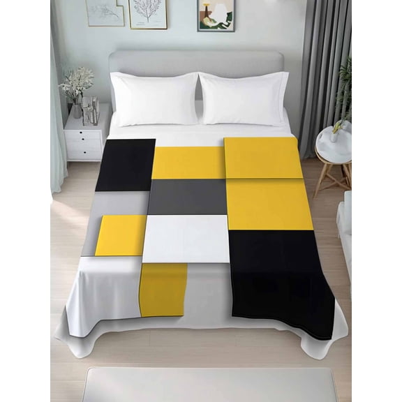 Yellow Grey Black Queen Size Flat Sheet, Wrinkleproof & Fadeproof Cooling Flat Bed Sheet Only, Retro White Geometric Middle Cenruty Breathable Soft Bedding Top Sheets 90 x 102 Inches