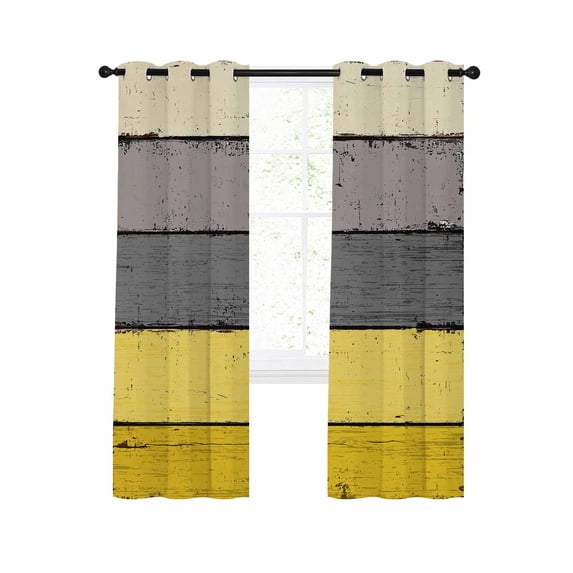 Yellow Grey Blackout Curtains 45 Inches Long for Bedroom, Vintage Stripe Farmhouse Wood Grain Ombre Thermal Insulated Room Darkening Black Out Window Curtain Panels Grommet Drapes for Living Room