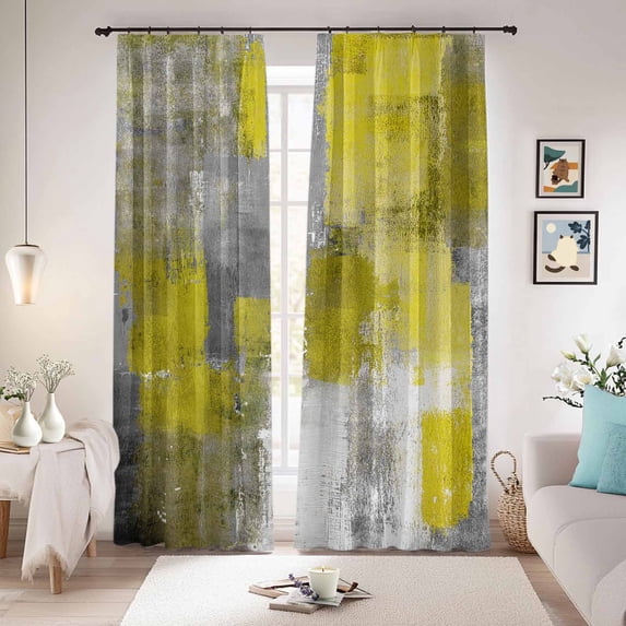 Yellow Grey Blackout Curtains for Bedroom/Living Room, Pinch Pleated Black Out Curtains, Modern Oil Painted Abstract Art Aesthetics Room Darkening Window Drapes with Hooks 2 Panels, 39"x70"