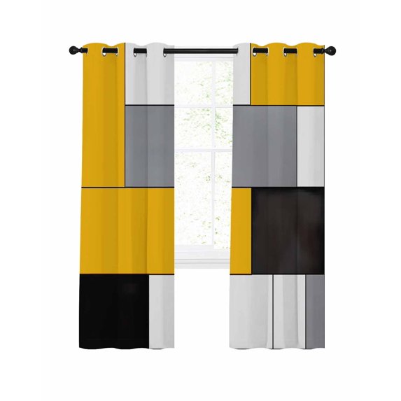 Yellow Grey Blackout Curtains, Light Blocking Print Window Curtains, Modern Yellow Geometric Thermal Insulated Window Drapes for Living Room Kitchen Cafe 2 Panels, 55"W x 39"L