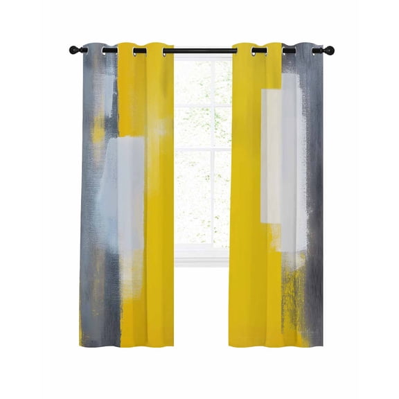 Yellow Grey Blackout Curtains, Light Blocking Print Window Curtains, Oil Painted Modern Abstract Vintage Thermal Insulated Window Drapes for Living Room Kitchen Cafe 2 Panels, 55"W x 39"L