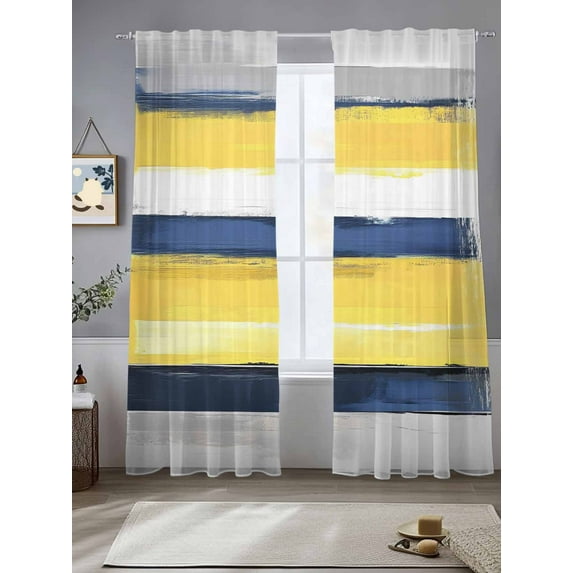 Yellow Grey Blue Sheer Curtains 108 Inches Long 2 Panels Lines Geometric Light Filtering Semi Sheer Window Curtains Drapes for Bedroom Living Room 52"x108"