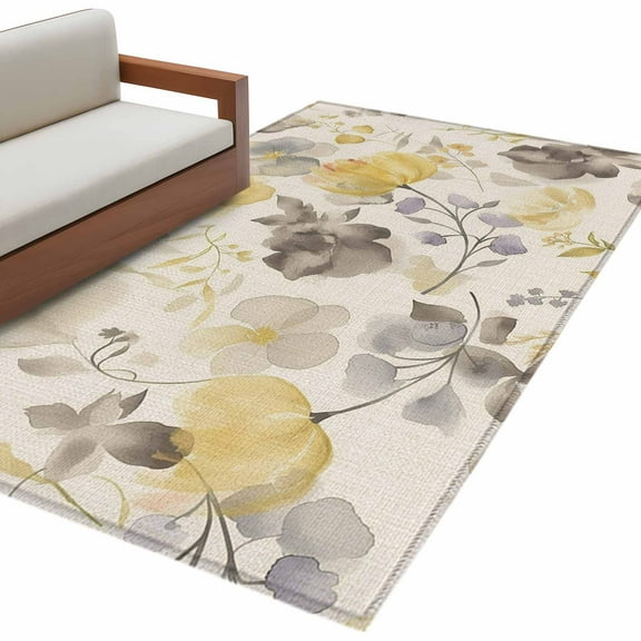 Yellow Grey Botanical Area Rug 3x5 FT, Non Slip Entryway Bedside Carpet, Spring Floral Watercolor Rustic Washable Soft Floor Carpet Indoor Mat Non-Shedding Throw Rug for Dorm Kitchen Home Office