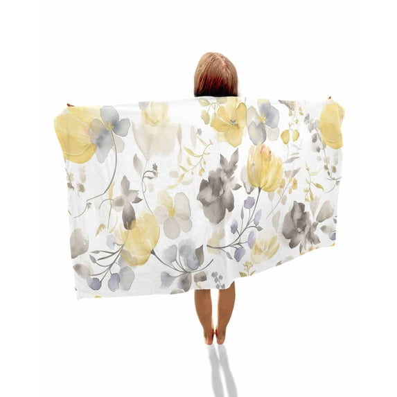 Yellow Grey Botanical Beach Towels Oversized Super Absorbent, Spring Floral Watercolor Lightweight Bath Towel Quick Dry Sets For Bathroom/Pool/Rv Camping/Beach Play/Gym Room/Picnic 30"x60"