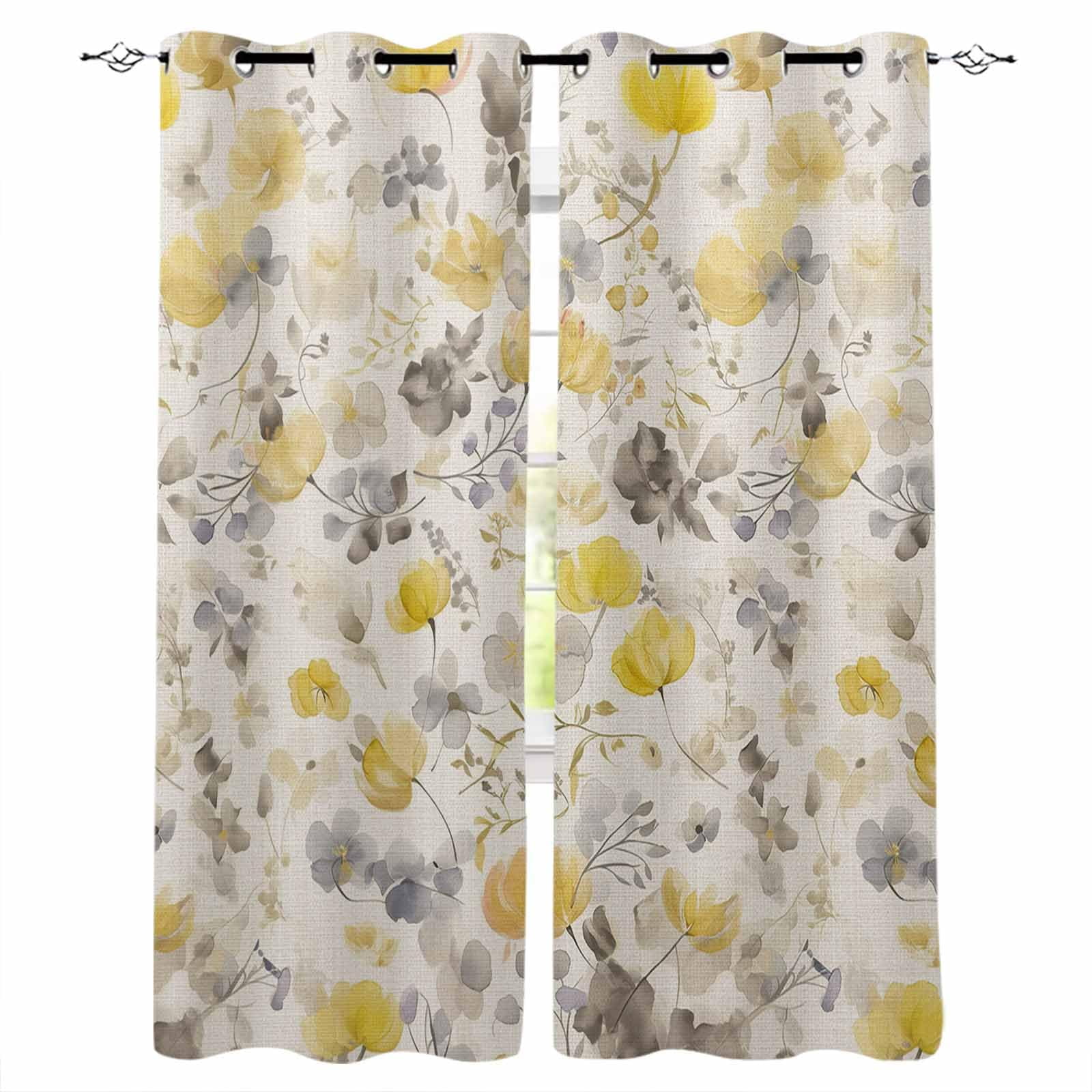 Yellow Grey Botanical Blackout Curtains | Light Blocking Print Window ...