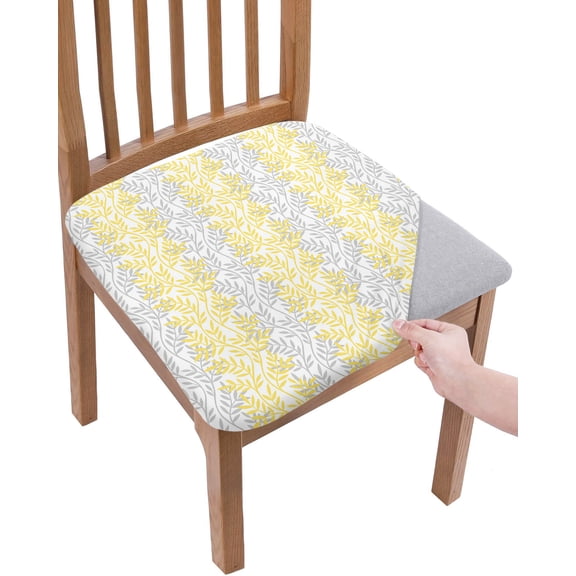Yellow Grey Botanical Chair Seat Covers for Dining Room Stretch Chair Seat Covers Set of 6,Pastoral Spring Summer Leaf Aesthetics Chair Seat Protector Cushion Slipcovers for Kitchen Restaurant