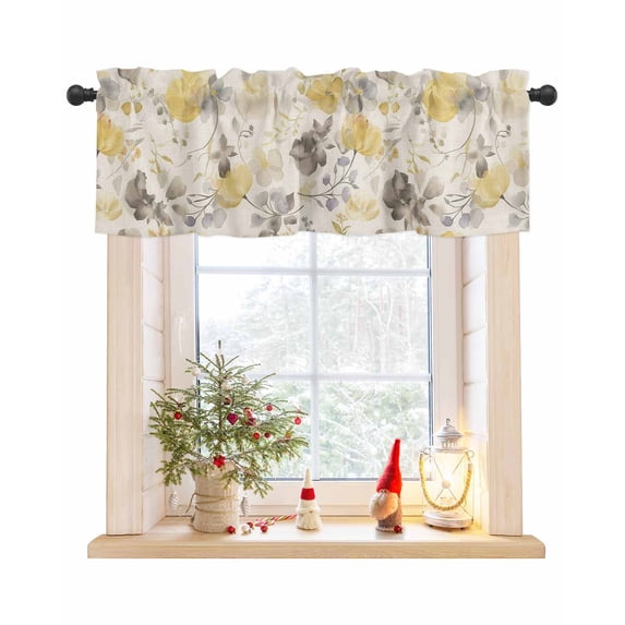 Yellow Grey Botanical Curtain Valance for Windows/Living Room/Kitchen/Bathroom/Café, Short Rod Pocket Tier Curtain Window Treatment Panel Spring Floral Watercolor Rustic Topper Curtain 60''x18''